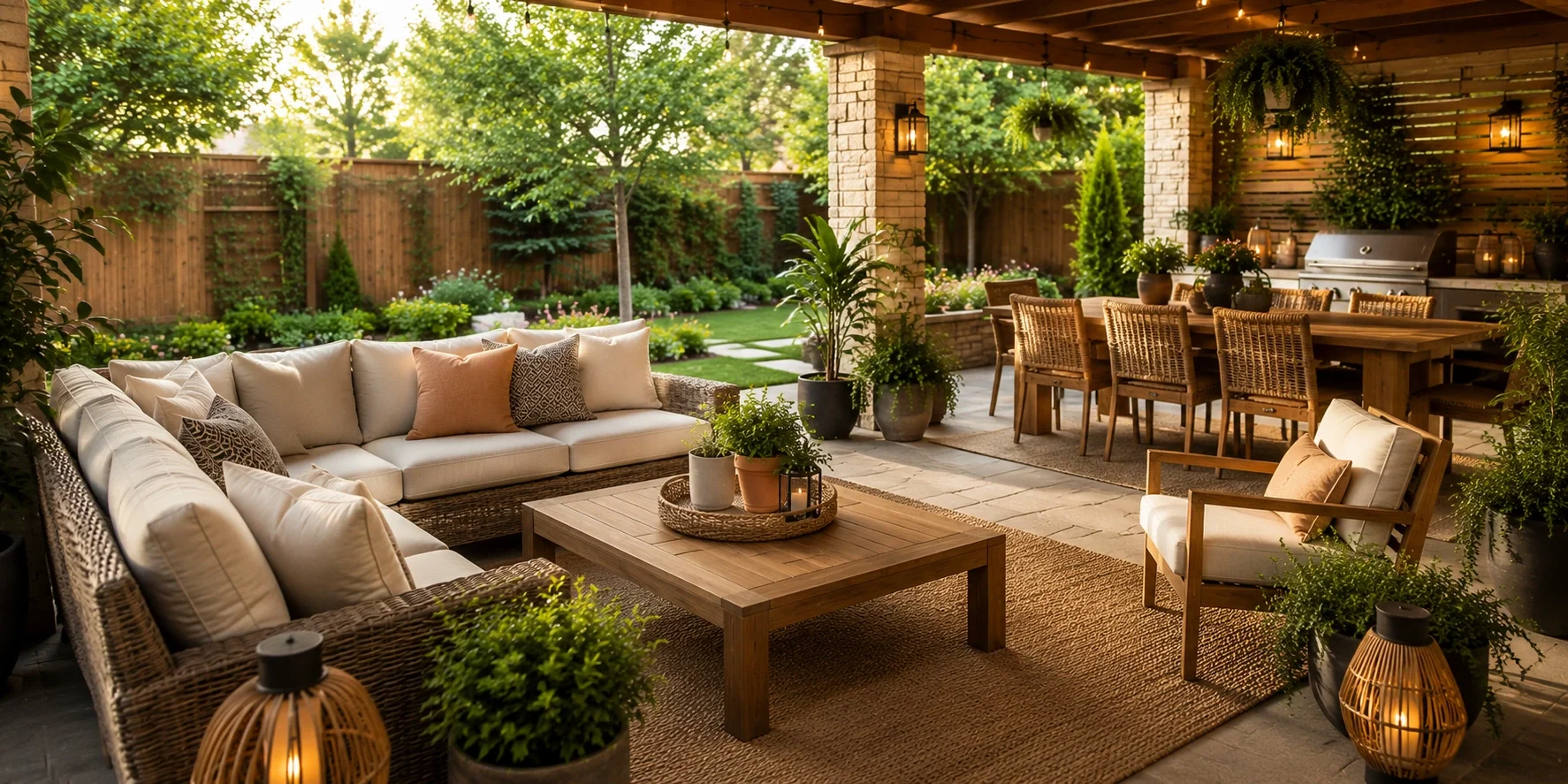 Beautiful outdoor patio with comfortable furniture and plants