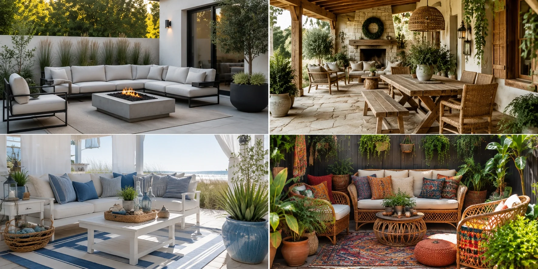 Different patio styles: modern, rustic, coastal, bohemian